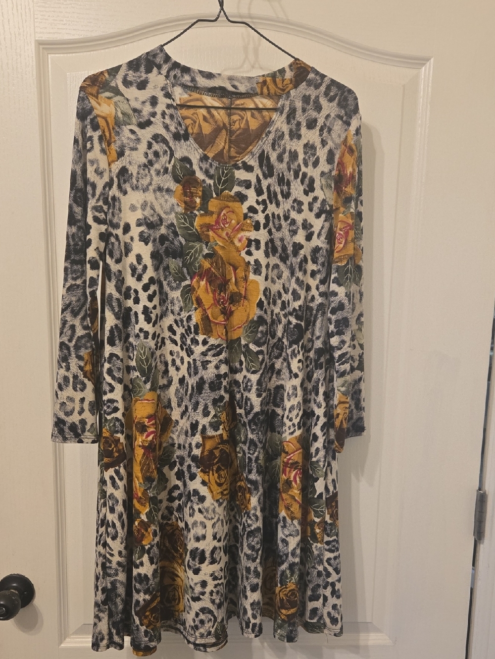 Yellow Floral & Leopard Print 3/4  Sleeve Dress Size L